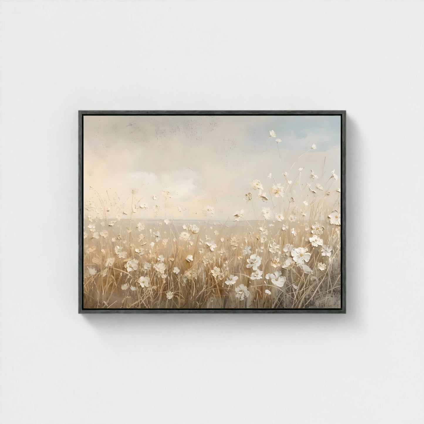 Soft Beige Floral Field Framed Wall Art Canvas Print – Minimalist Neutral Meadow Art