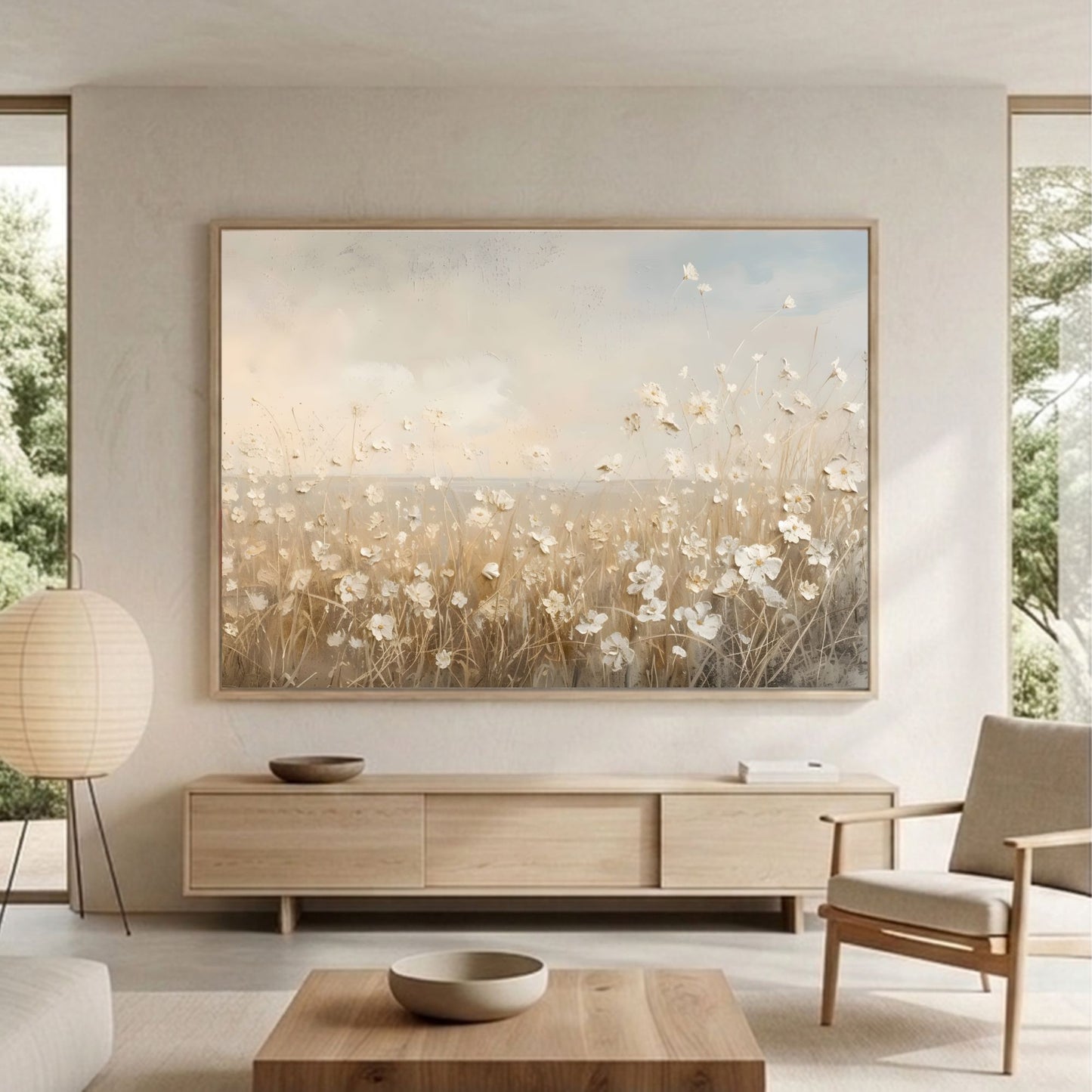 Soft Beige Floral Field Framed Wall Art Canvas Print – Minimalist Neutral Meadow Art