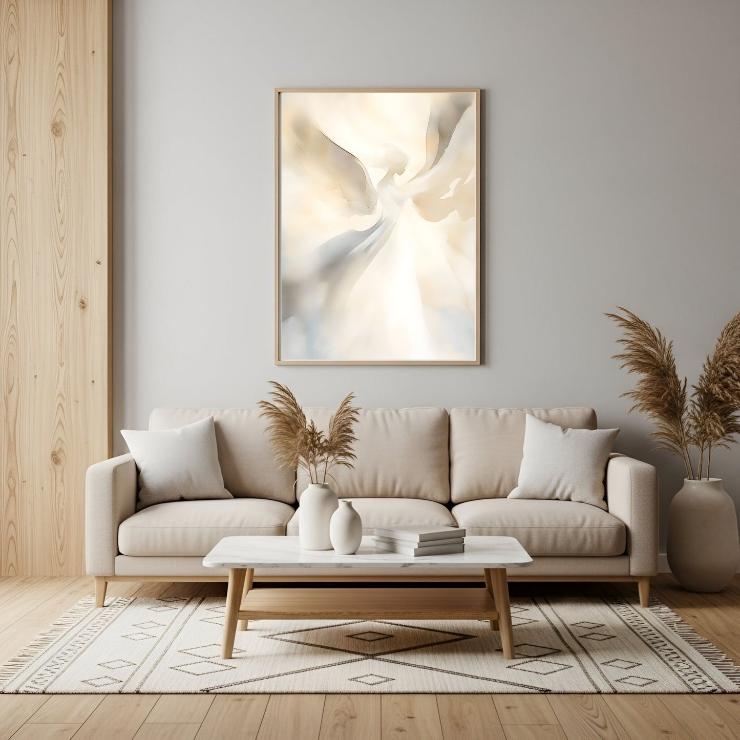 Soft Neutral Abstract Angel Framed Wall Art Canvas Print – Beige Cream Minimalist Modern Canvas Artwork for Scandinavian Home Decor