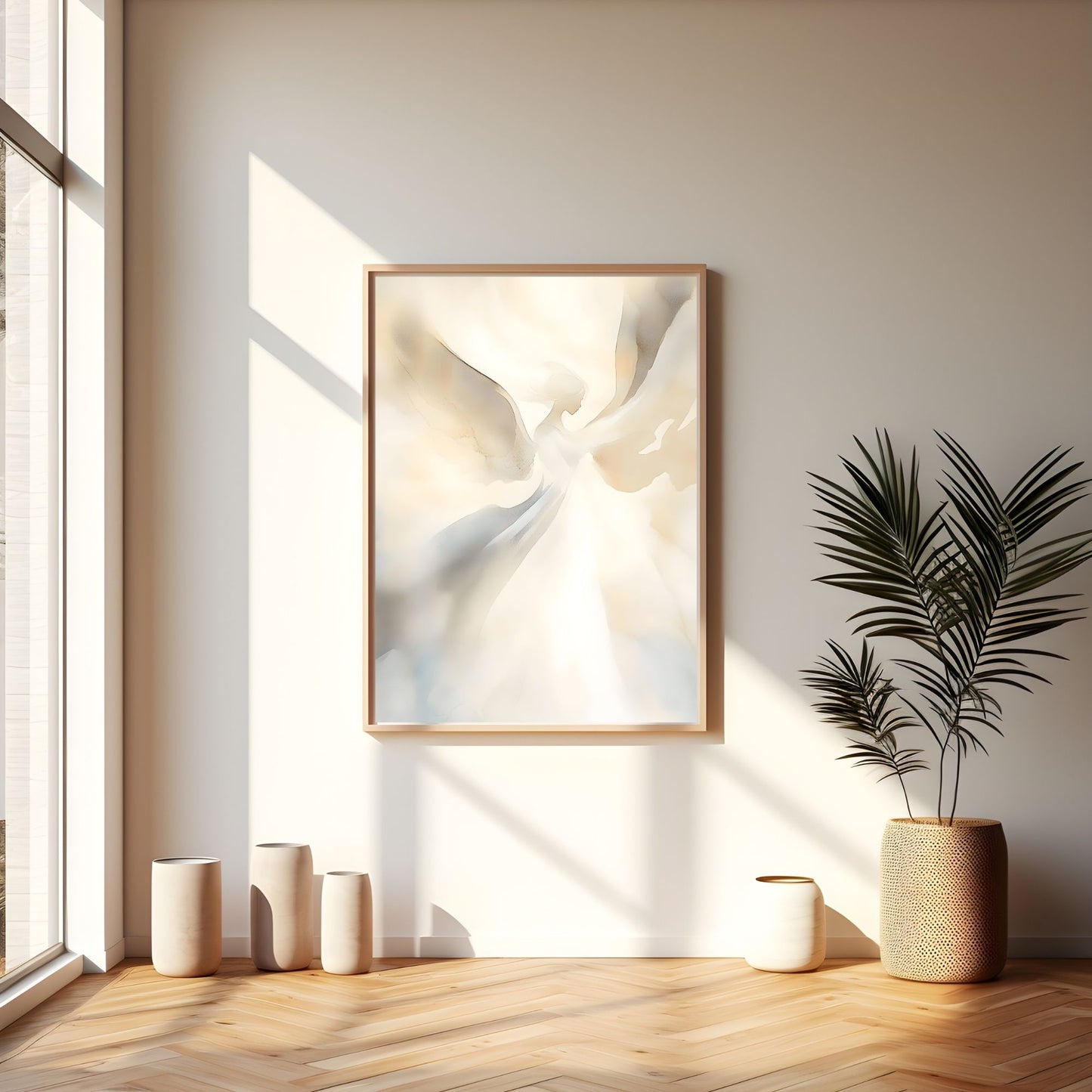 Soft Neutral Abstract Angel Framed Wall Art Canvas Print – Beige Cream Minimalist Modern Canvas Artwork for Scandinavian Home Decor