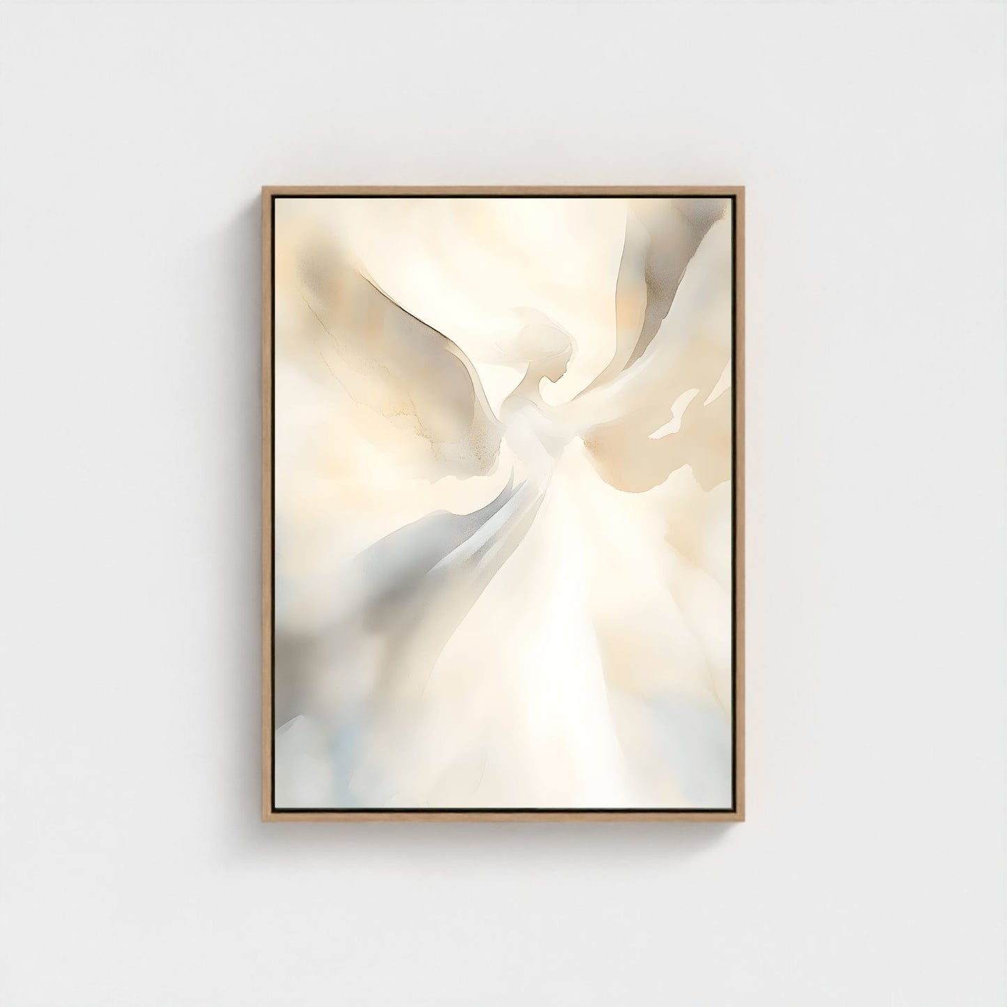 Framed abstract artwork with soft, neutral colors on a white wall