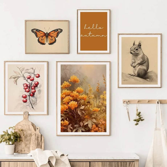 Squirrel Butterfly Pumpkin Rustic Autumn Wall Art Canvas Prints Nordic Poster Minimalist Pictures For Living Room Farmhouse Décor
