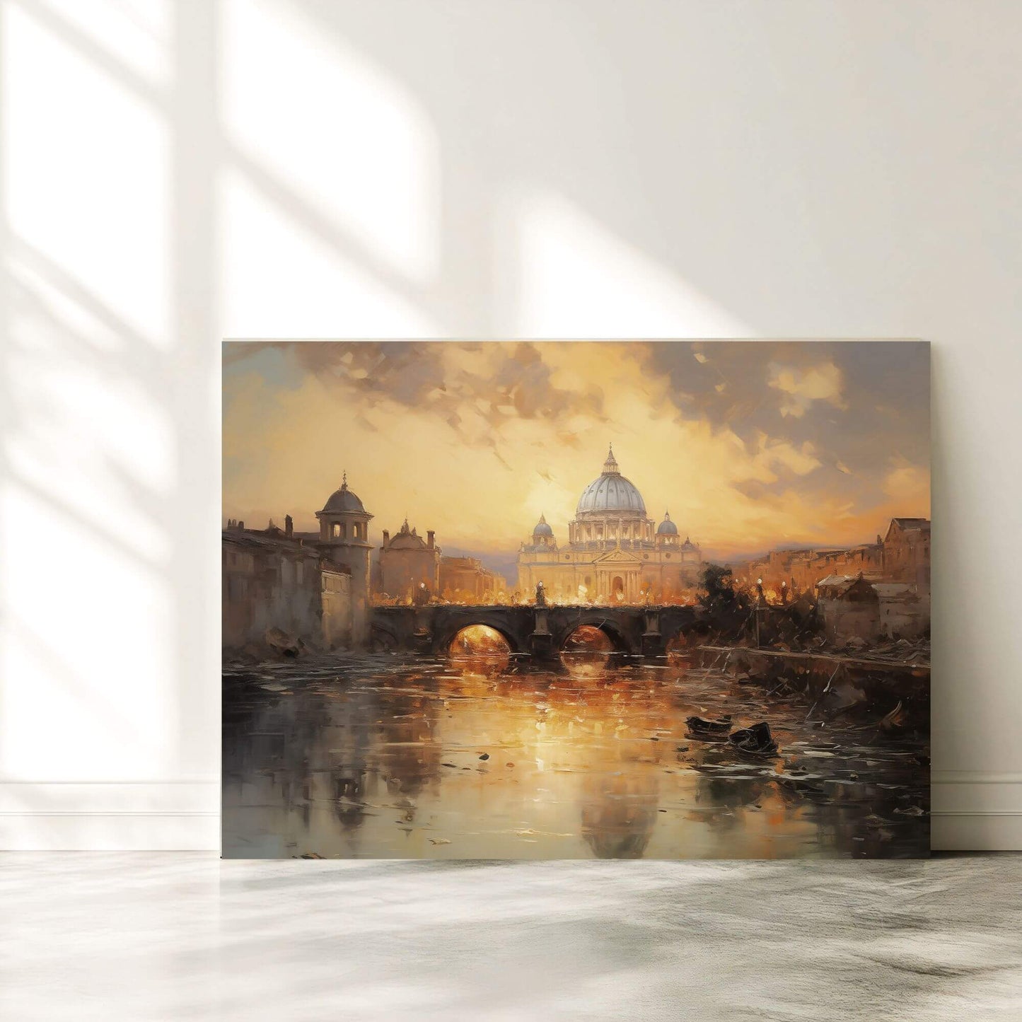 St. Peter’s Basilica Rome Sunset River View Framed Art Canvas Print - Classic Italian Wall Art