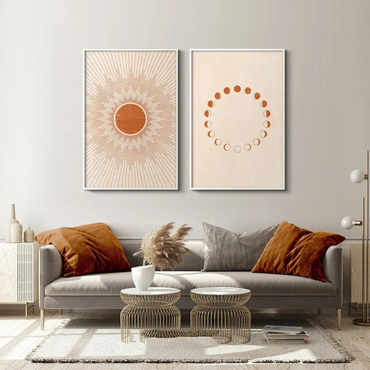 Sun Moon Mid Century Boho Canvas Print Wall Art Minimalist Celestial Moon Phases Wall Art Print For Office Home Decor