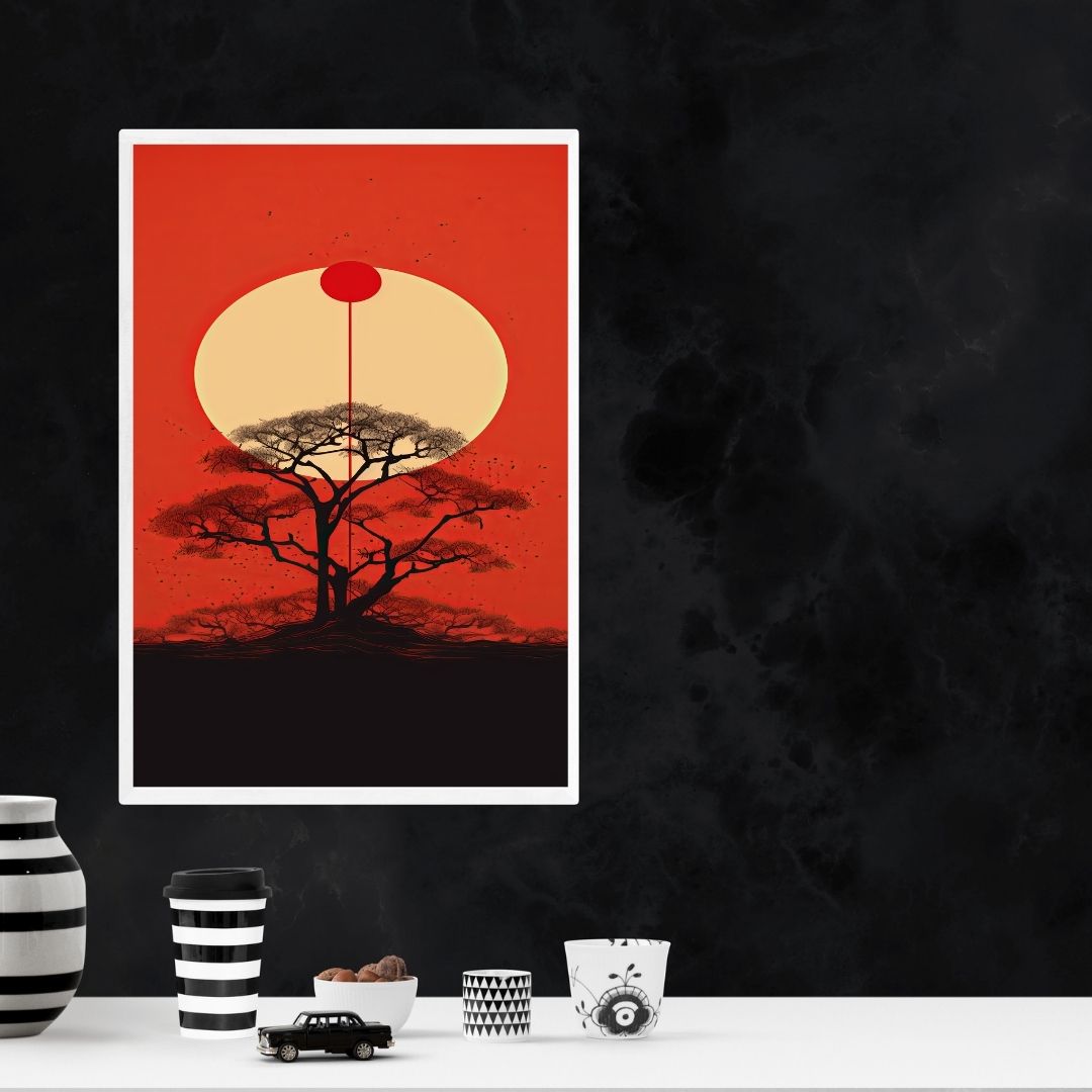 Sun and Sakura Wall Art Japandi Minimalist Home Decor Canvas Prints For Zen Living Room