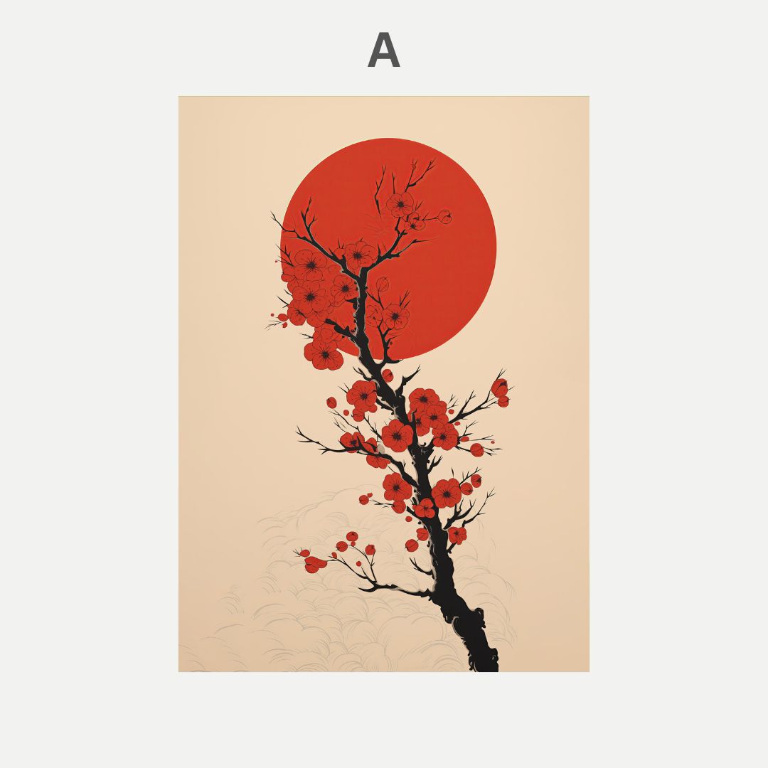 Art print with red flowers on a branch against a red circle on a beige background