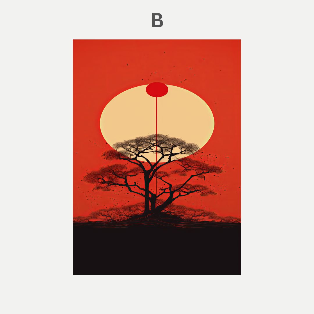 Simplified tree design with a red circle and beige circle on a red background
