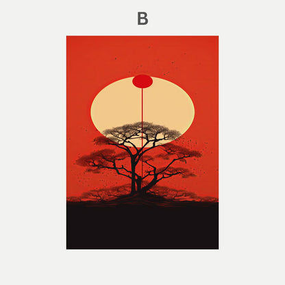 Simplified tree design with a red circle and beige circle on a red background