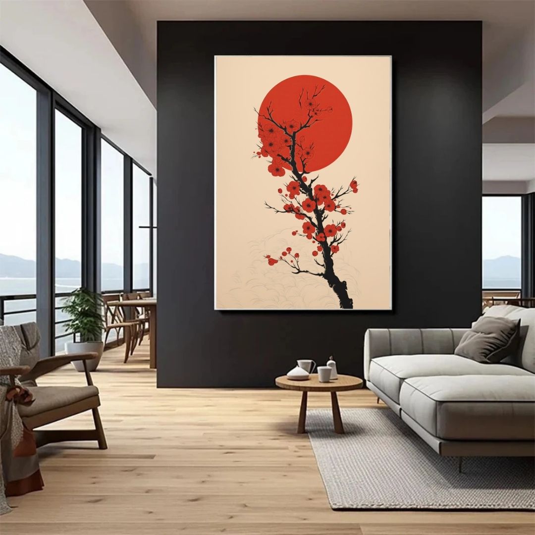 a large abstract painting of a red sun and tree branches.
