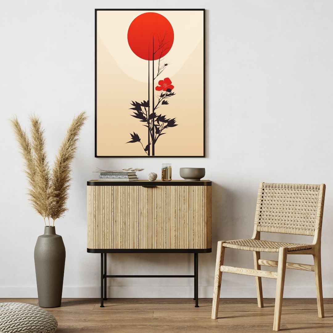 Sun and Sakura Wall Art Japandi Minimalist Home Decor Canvas Prints For Zen Living Room