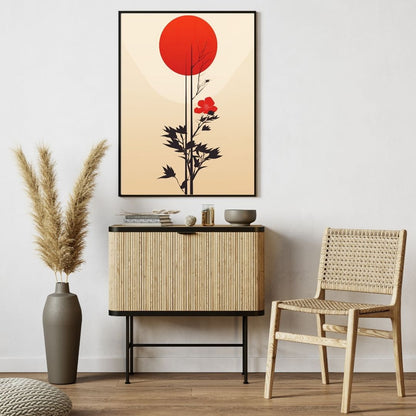 Sun and Sakura Wall Art Japandi Minimalist Home Decor Canvas Prints For Zen Living Room