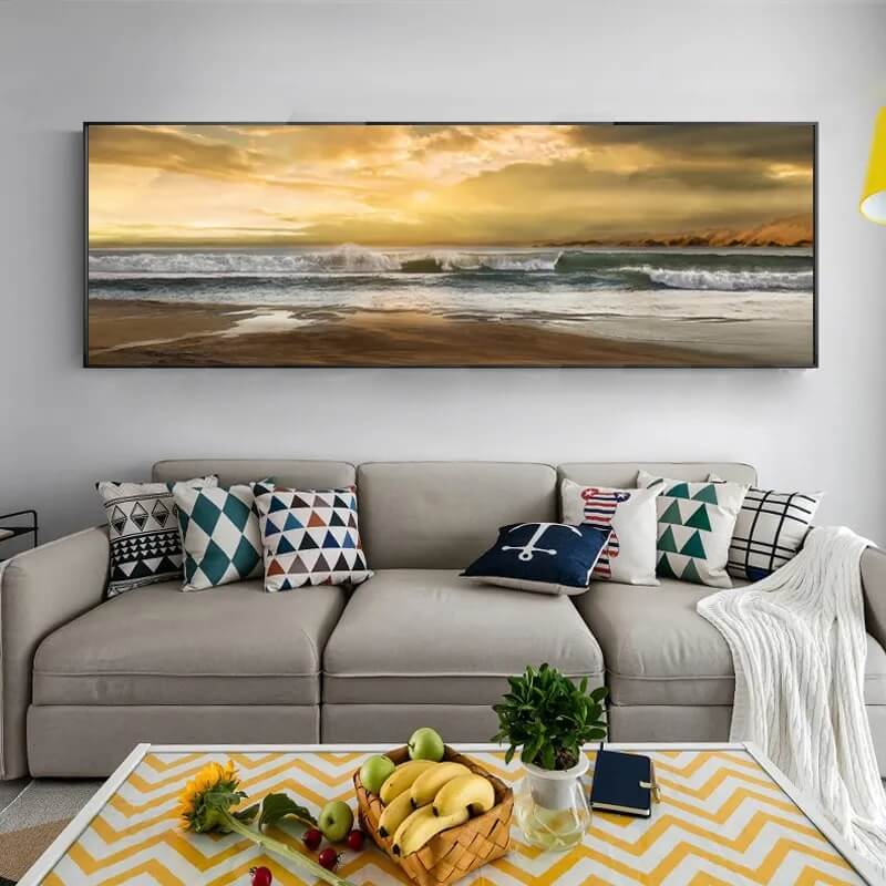 Sunset Seashore Canvas Print | Nature Poster Ocean Pictures Wide Format Wall Art For Living Room Bedroom Home Décor