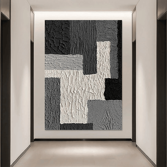 Textured Geometric Hand-Painted Wall Art | Black White  Gray Abstract Canvas Art