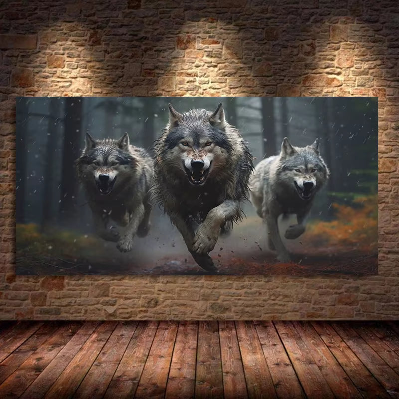 Three Running Wolves Canvas Wall Art Bold Dynamic Forest Wildlife Print For Rustic Or Modern Spaces