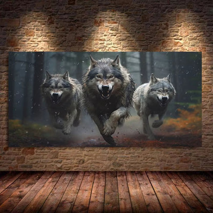 Three Running Wolves Canvas Wall Art Bold Dynamic Forest Wildlife Print For Rustic Or Modern Spaces