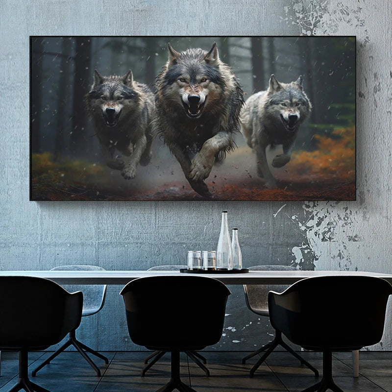 Three Running Wolves Canvas Wall Art Bold Dynamic Forest Wildlife Print For Rustic Or Modern Spaces