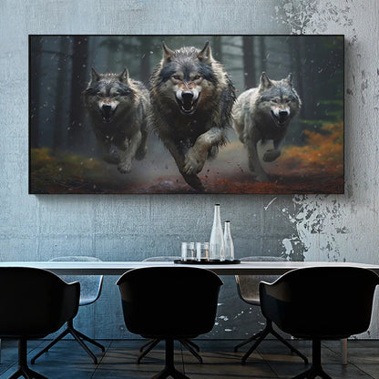 Three Running Wolves Canvas Wall Art Bold Dynamic Forest Wildlife Print For Rustic Or Modern Spaces