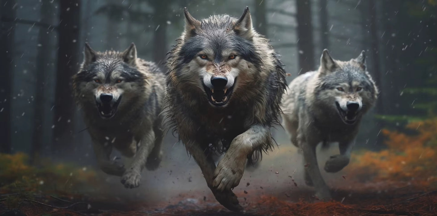 Three Running Wolves Canvas Wall Art Bold Dynamic Forest Wildlife Print For Rustic Or Modern Spaces