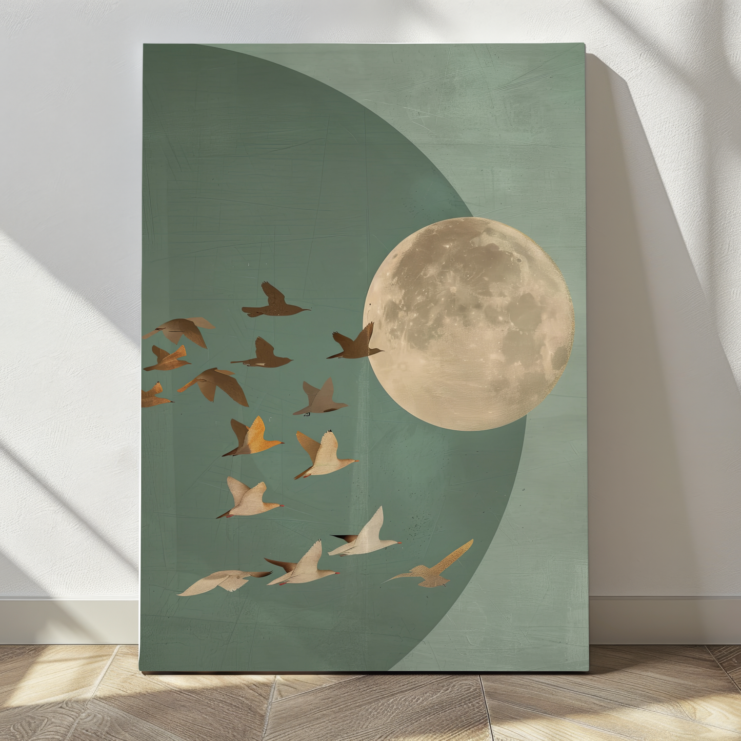 Golden Moon & Celestial Birds Canvas Wall Art – Sage Green