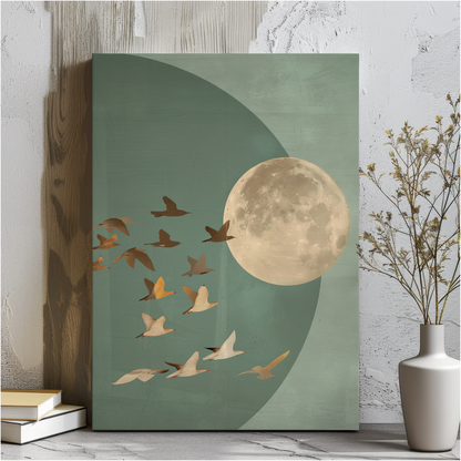 Golden Moon & Celestial Birds Canvas Wall Art – Sage Green