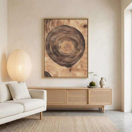 Tree Ring Wood Texture Framed Wall Art Canvas Print - Natural Rustic Wood Slice Artwork