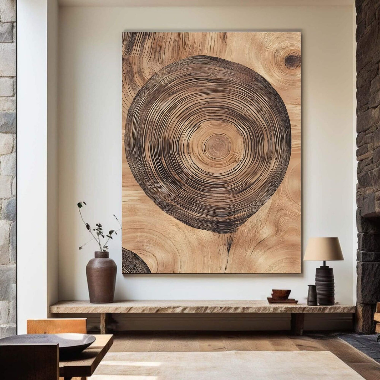 Tree Ring Wood Texture Framed Wall Art Canvas Print - Natural Rustic Wood Slice Artwork
