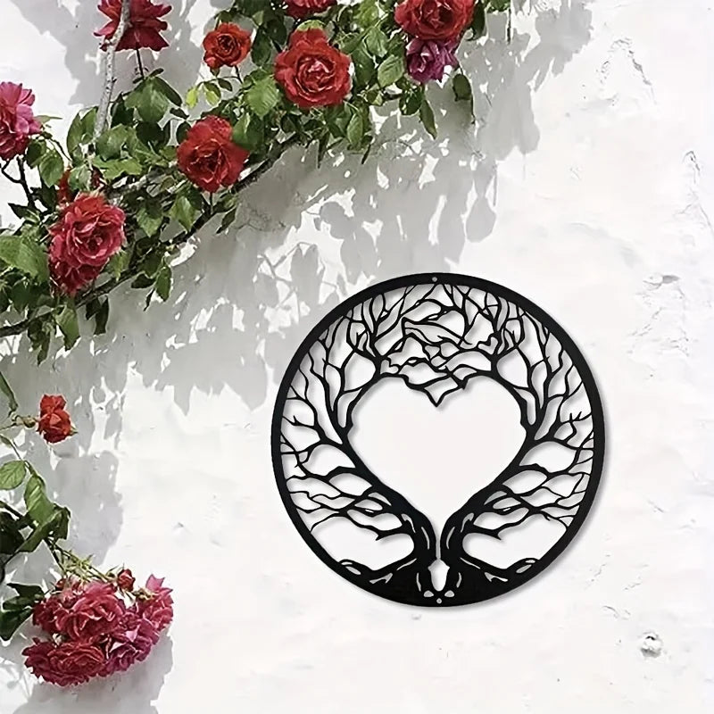 Heart Shaped Tree Of Life Black Metal Wall Art 3D Sculptured Iron Craft Wall Decoration For Living Room Garden Creative Inspirational Home & Garden Decor