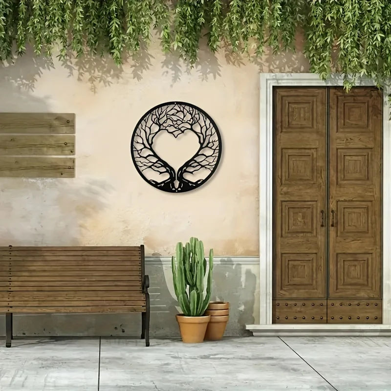 Heart Shaped Tree Of Life Black Metal Wall Art 3D Sculptured Iron Craft Wall Decoration For Living Room Garden Creative Inspirational Home & Garden Decor
