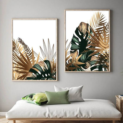 Tropical Golden Emerald Leaves Canvas Prints Wall Art Botanical Plants Poster For Bedroom Living Room Wall Art Gallery Home Décor