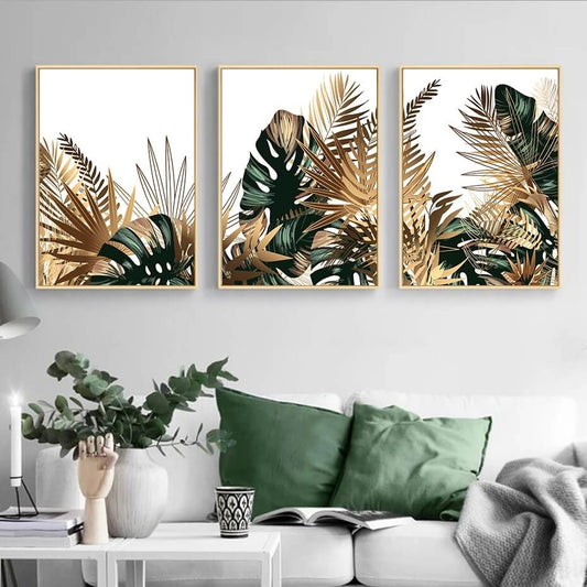 Tropical Golden Emerald Leaves Canvas Prints Wall Art Botanical Plants Poster For Bedroom Living Room Wall Art Gallery Home Décor