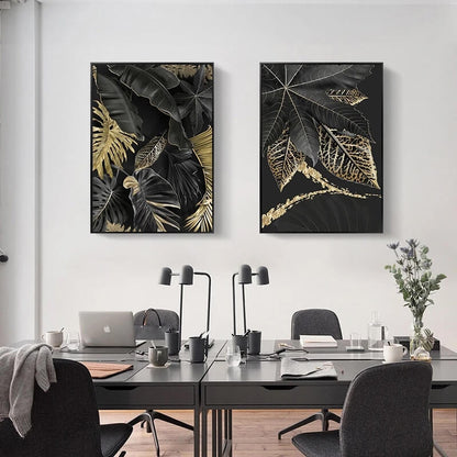 Tropical Golden Leaves Black Canvas Print Nordic Botanical Wall Art Modern Plant Posters For Luxury Living Room Bedroom Décor