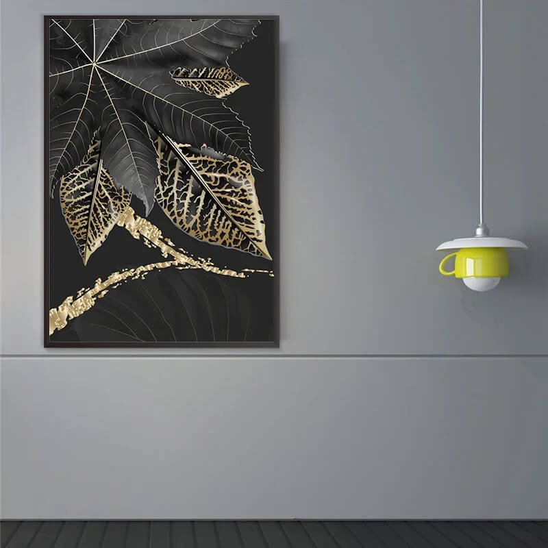 Tropical Golden Leaves Black Canvas Print Nordic Botanical Wall Art Modern Plant Posters For Luxury Living Room Bedroom Décor