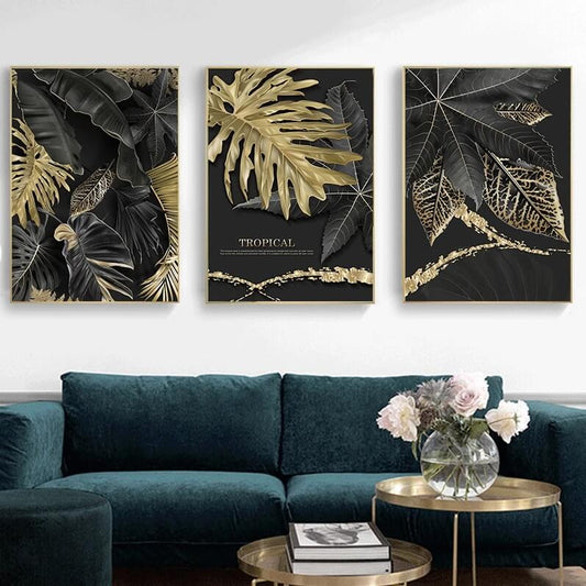 Tropical Golden Leaves Black Canvas Print Nordic Botanical Wall Art Modern Plant Posters For Luxury Living Room Bedroom Décor