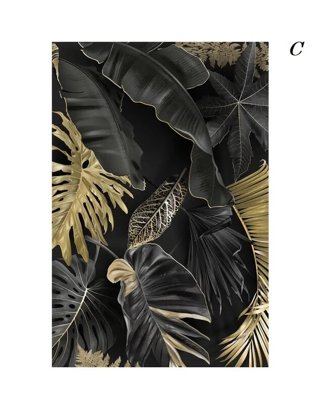 Tropical Golden Leaves Black Canvas Print Nordic Botanical Wall Art Modern Plant Posters For Luxury Living Room Bedroom Décor