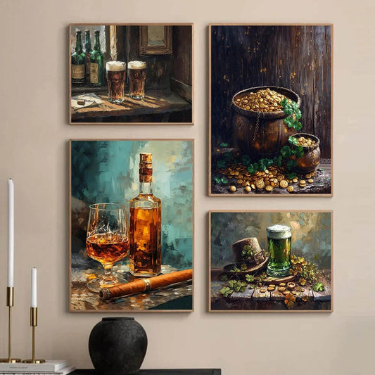 Vintage Whiskey Scotch Cigar Irish Bar Cellar Drinks Wall Art Canvas Prints Saint Patrick Day Funny Cattle Kitchen Wall Art Ideas Drinks Theme Decor