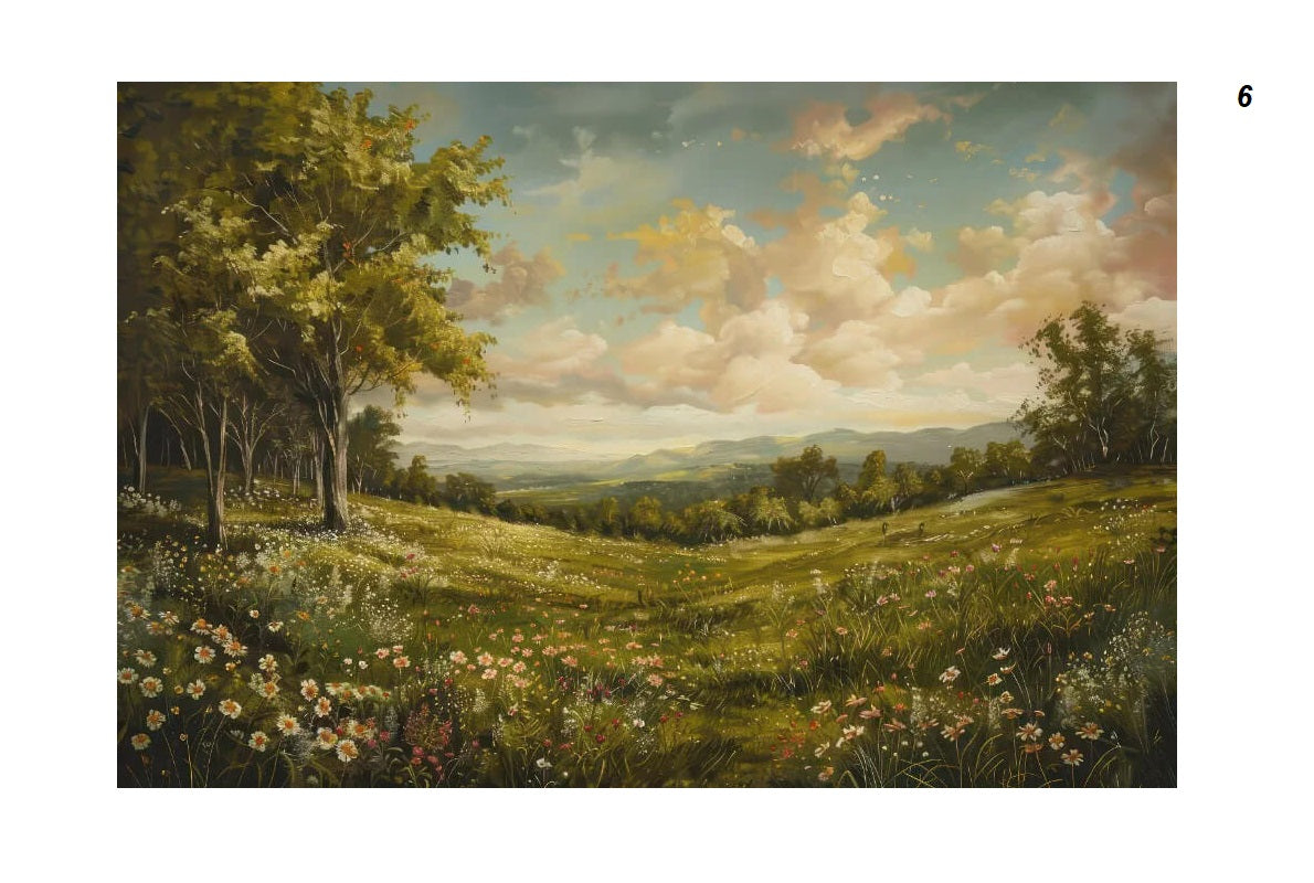 Vintage Wildflowers Fields Landscape Farmhouse Canvas Print Countryside Painting Large Wall Art For Living Room Home Décor