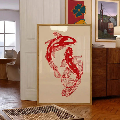 Vintage Red Koi Fish Canvas Print Wall Art Japanese Retro Posters Marine Aesthetic Art For Living Room Kitchen Wall