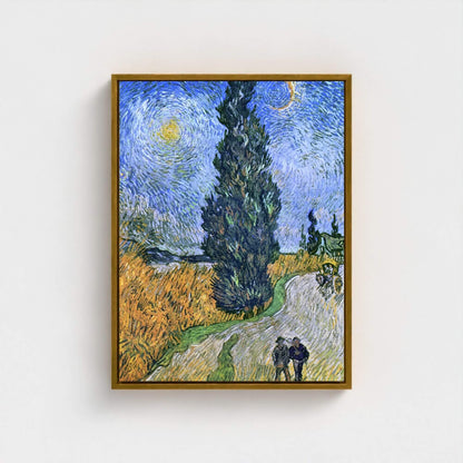 Van Gogh Cypress Tree Landscape Framed Wall Art Canvas Print – Impressionist Field Artwork