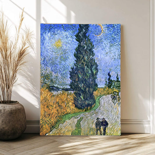 Van Gogh Cypress Tree Landscape Framed Wall Art Canvas Print – Impressionist Field Artwork