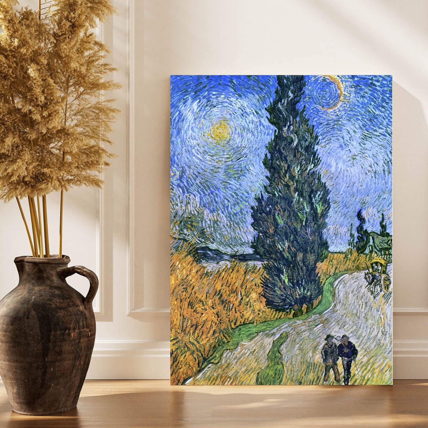 Van Gogh Cypress Tree Landscape Framed Wall Art Canvas Print – Impressionist Field Artwork