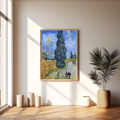 Van Gogh Cypress Tree Landscape Framed Wall Art Canvas Print – Impressionist Field Artwork