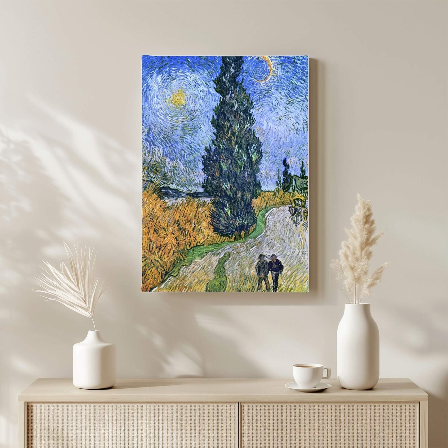 Van Gogh Cypress Tree Landscape Framed Wall Art Canvas Print – Impressionist Field Artwork