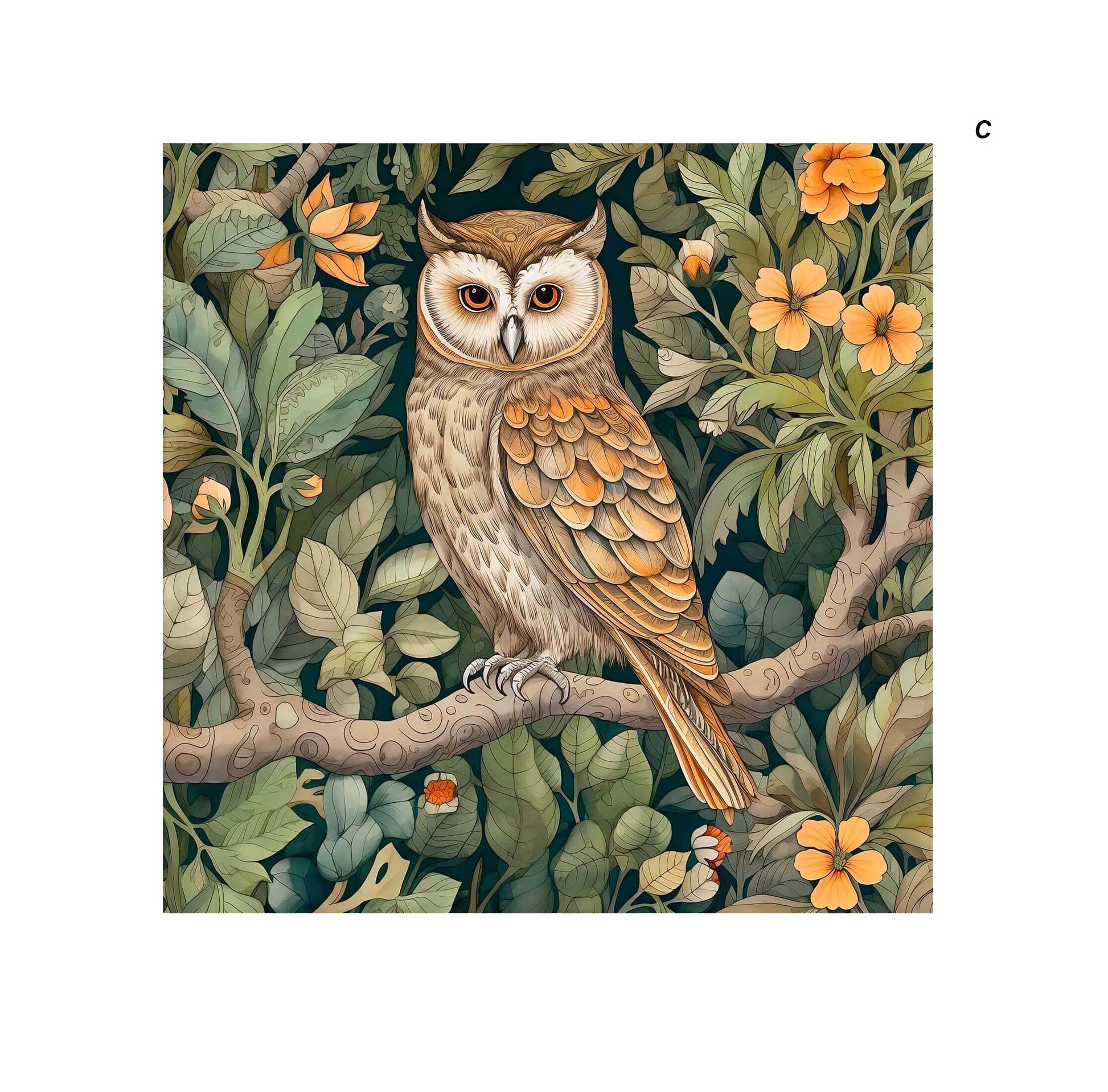 Illustrated owl perched on a branch, surrounded by lush green foliage and orange flowers, with intricate detailing