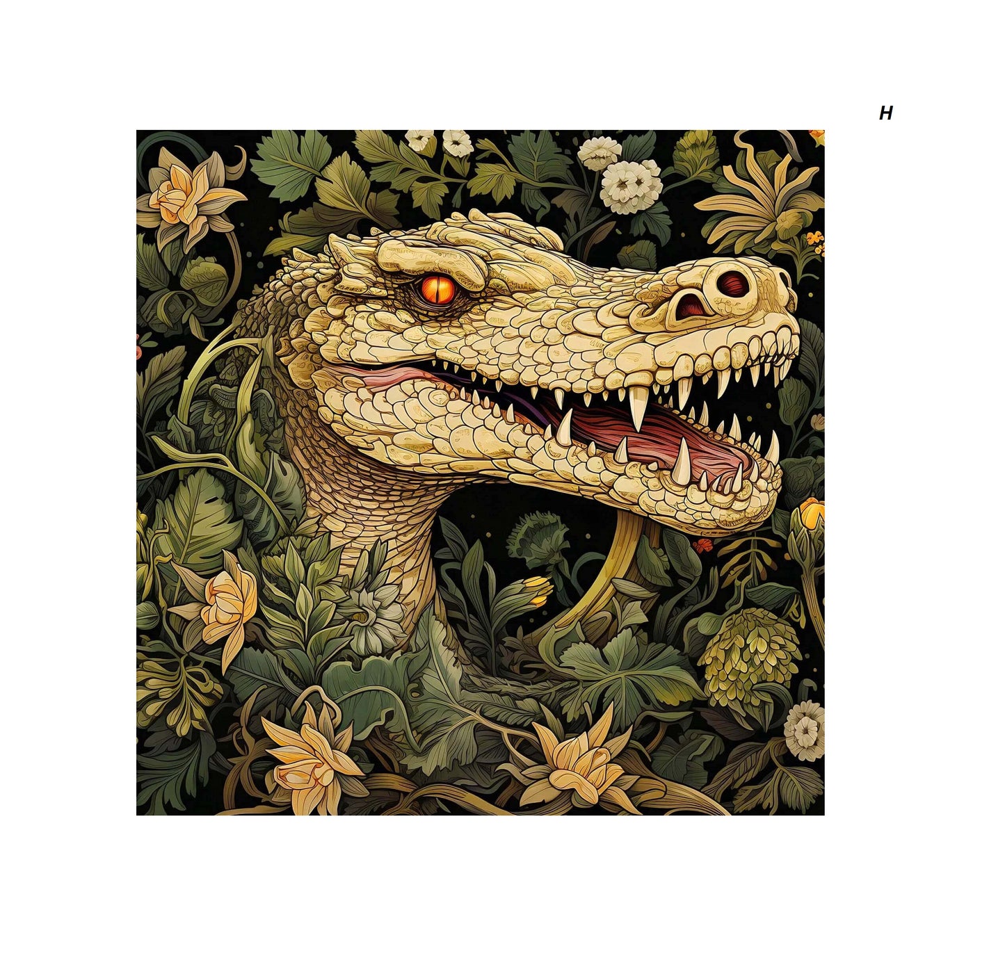 A detailed illustration of a crocodile's head with golden scales and sharp teeth, surrounded by lush, intricate foliage and flowers.