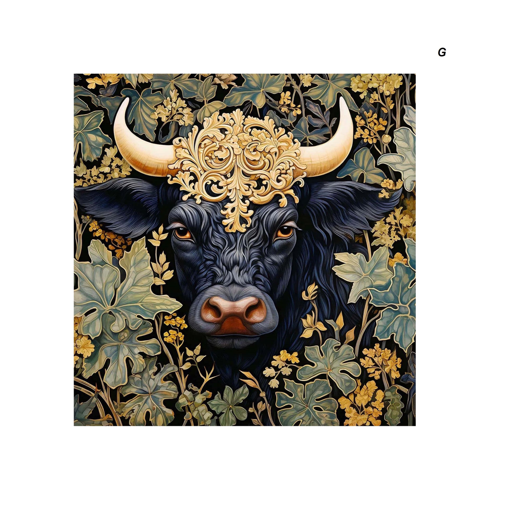 A stylized illustration of a black bull with ornate golden horns and a decorative golden crown, surrounded by lush foliage.