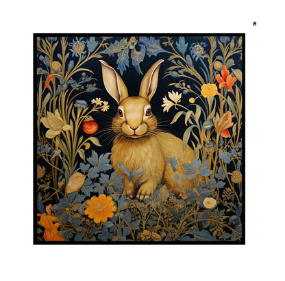 A detailed illustration of a rabbit surrounded by various flowers and plants, set against a dark background. 