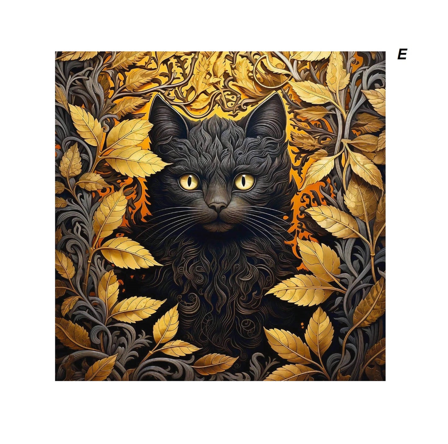  black cat nestled among vibrant leaves and shimmering gold accents, creating a striking visual contrast.