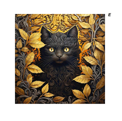  black cat nestled among vibrant leaves and shimmering gold accents, creating a striking visual contrast.