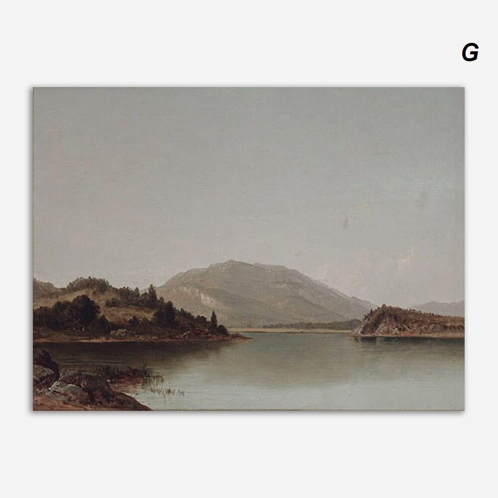 A serene landscape painting depicting a calm lake surrounded by forested hills and mountains under a clear, pale sky