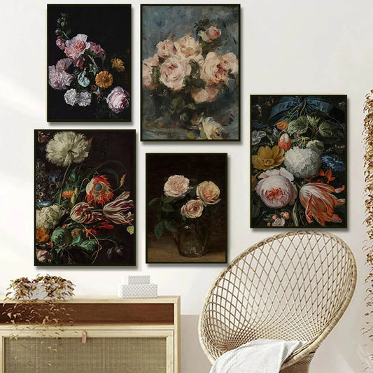 Vintage Antique Dark Academia Flowers Roses Wall Art Canvas Print Floral Aesthetic Large Poster For Moody Living Room Modern Home Décor